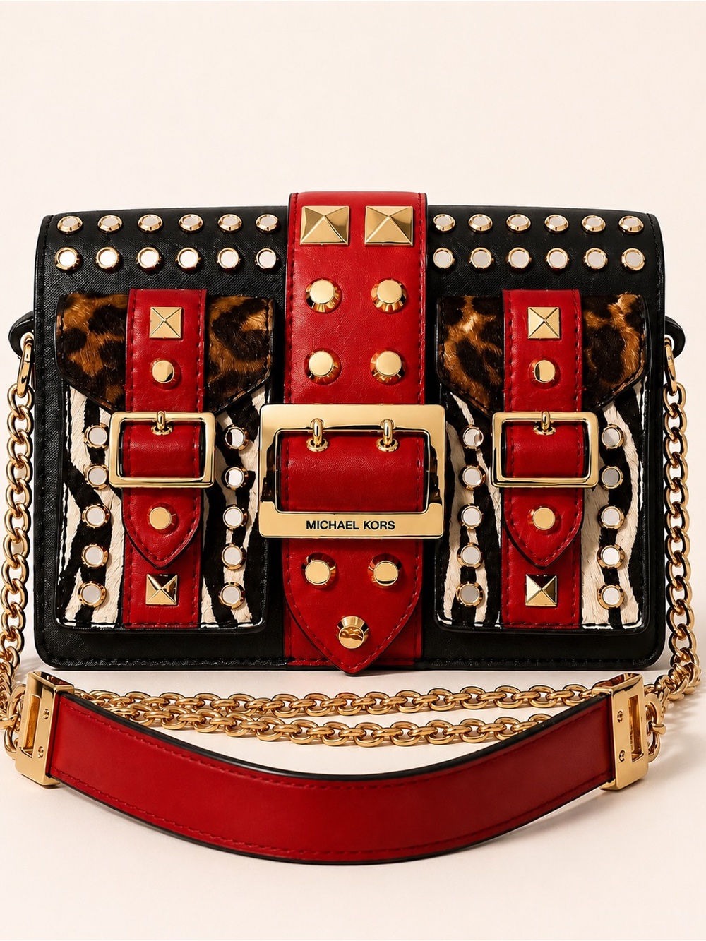 Michael Kors Studded Animal Print Chain Crossbody Bag Red Black - Picture 3 of 12